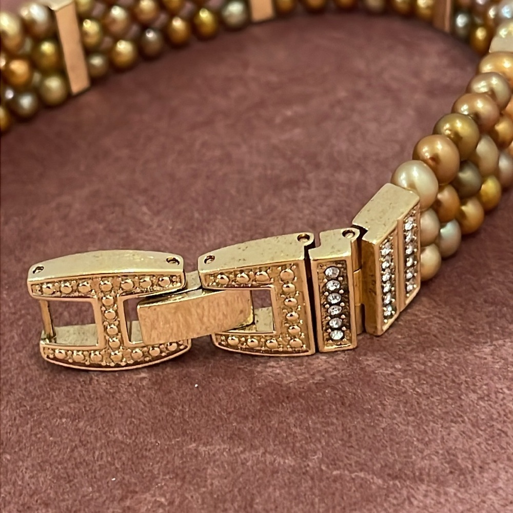 Gold Tone Three Strand Bracelet with Cultured Pearls and Rhinestones - Picture 10 of 16